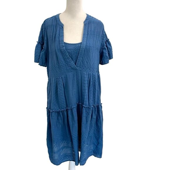 Sundance Embroidered Tiered Popover Short Sleeve Dress Ocean Blue size Medium - Picture 1 of 10